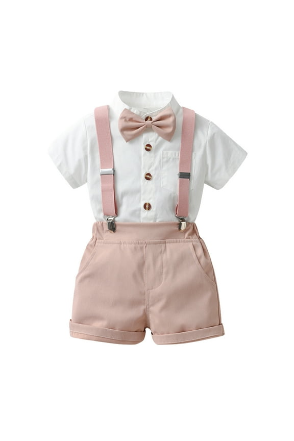 Baby Baptism Outfit Boy 2 Piece formal Dress Shirt with Bowtie Overall Short Pants Boys Gentleman Wedding Outfits Set for 9-12 Months