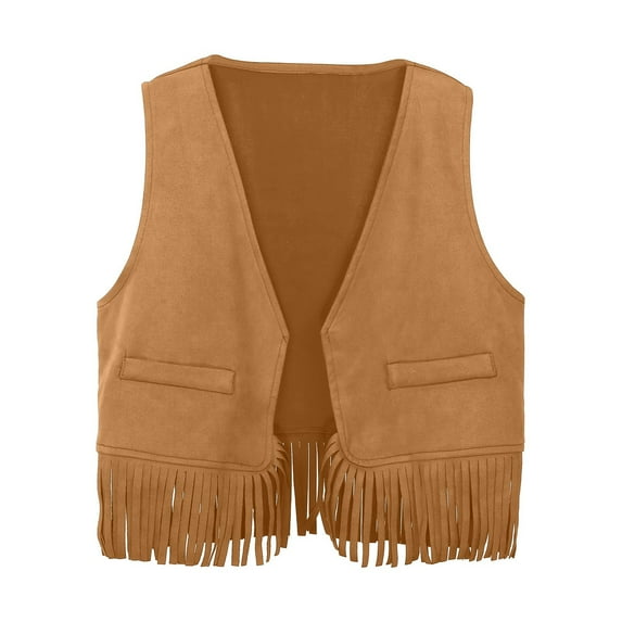 TBWNWG Baby Boys Girls Western Cowboy Cow Girl Vest Tassel Fringe Waist Coat Top Party (Khaki,5-6 Years)