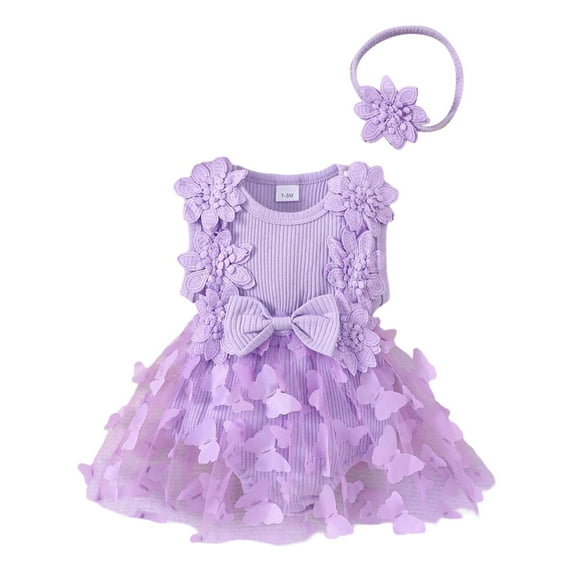 TBWNWG Baby Girl Birthday Dress,Baby Girls' Ribbed Bowknot Romper & Headband Set,Size 3-6 Months