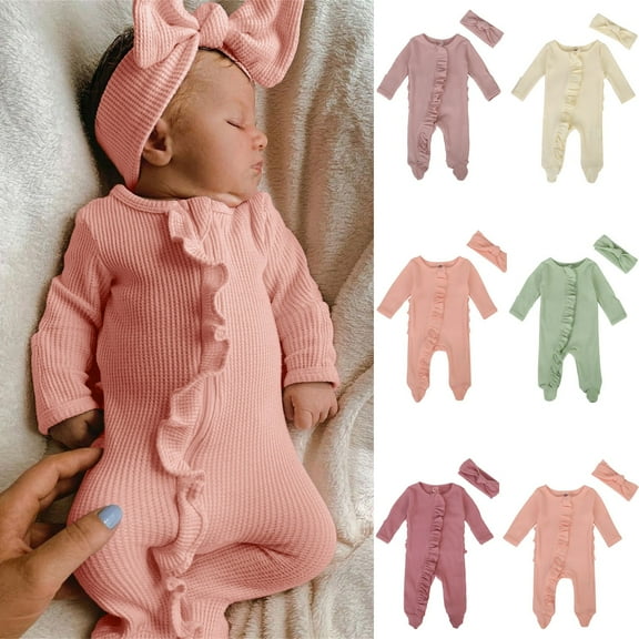 TBWNWG Baby Girl Onesie 0-3 Months Spring Fall Clothes Knit Ruffle Footies Romper Jumpsuit with Headband Outfit,Sizes
