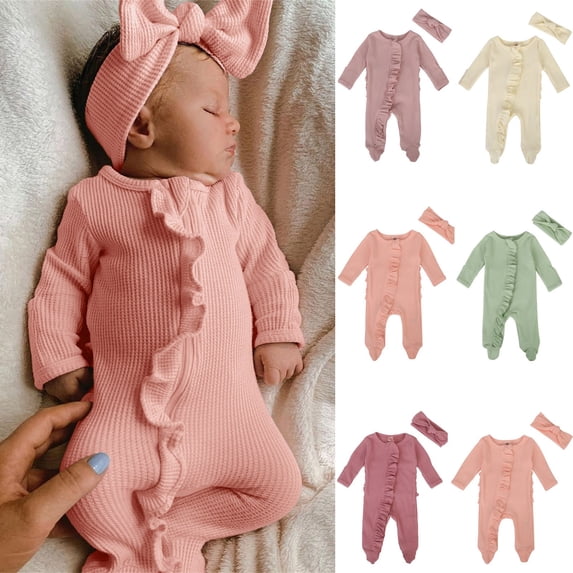 TBWNWG Baby Onesie 3-6 Months Spring Fall Clothes Knit Ruffle Footies Romper Jumpsuit with Headband Outfit,Sizes 0-3 Months