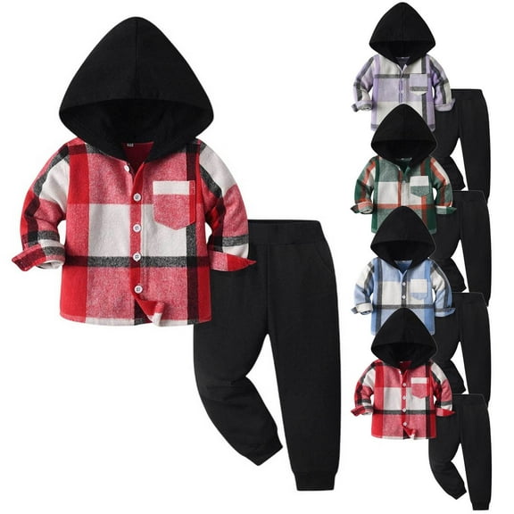 TBWNWG Boys Outfits Set Toddler Long Sleeve Plaid Hooded Shirt Holiday T-Shirt Pants Casual Clothing Ensemble for Young Children,Size 2-3 Years