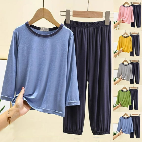 TBWNWG Boys Pajamas Long Sleeve Shirt Shorts Set Summer Thin Solid Color Home Wear,Size 18-24 Months