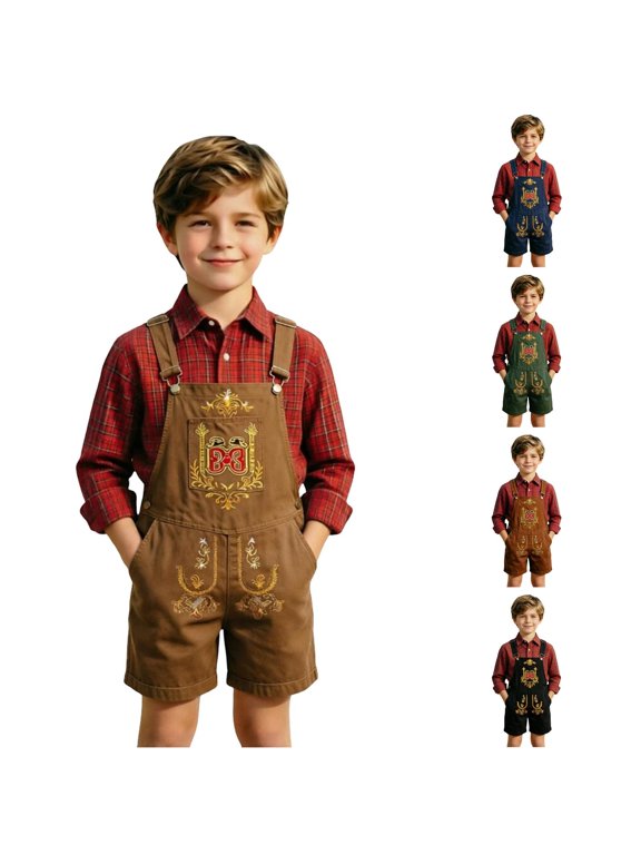 Boys Printed Suspenders Pants Traditional Bavarian Lederhosen Style Casual Trousers for Toddler Kids,Sizes 4-5 Years