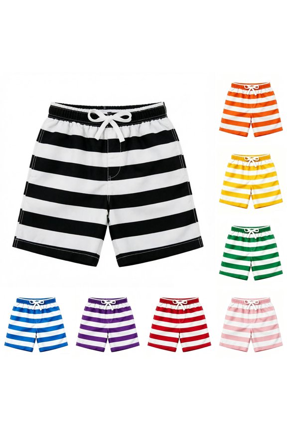 Boys Swim Trunks Two Tone Striped Print Beach Shorts for Summer Pool Kids Swimwear Boys 2-14 Years
