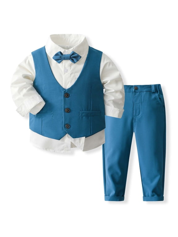 Boys formal Outfits Set Shirt Vest Pants Bow Tie Suit for Weddings Occasions Partywear for Kids with Gentle Spring Autumn Styling,Size 9-10 Years