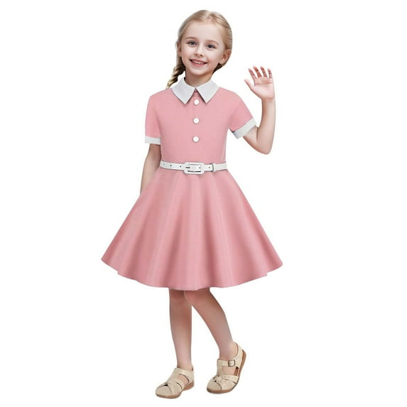 TBWNWG Cute Dresses for Short Sleeve Belt Splicing Vintage Princess Dress,Size 7-8 Years