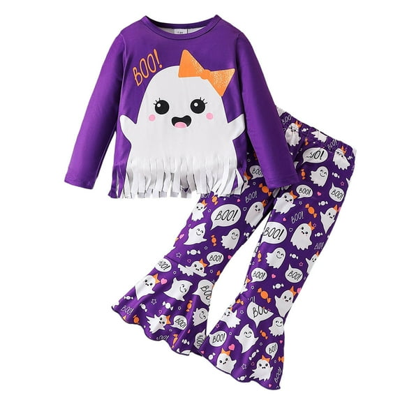 TBWNWG Cute Girls Outfits Halloween Set - Cartoon Fringe Top and Flare Pants for Parties Holidays and Daily Wear - Toddler Two Piece Apparel for Every Occasion,Sizes 3-4 Years