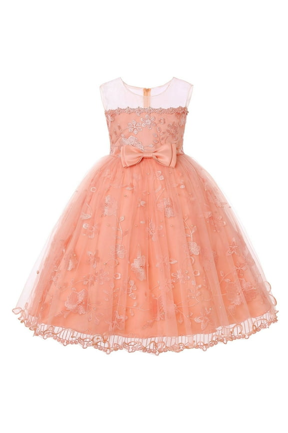 Elegant Flower Girl Dress for Girls Sleeveless Mesh Birthday Party Gown with Bow Knot Detail,Size 3-4 Years