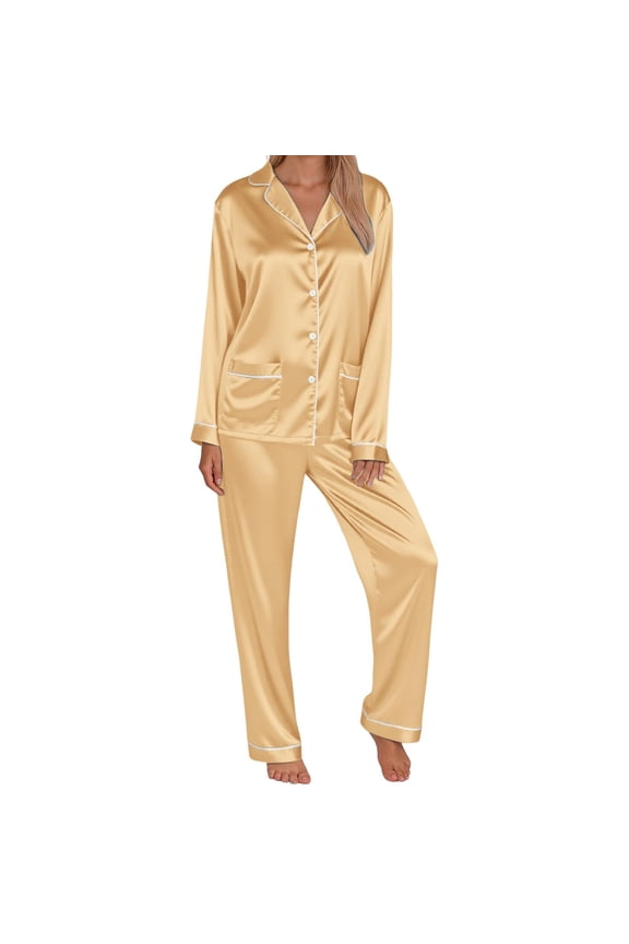 Family Matching Pajama Sets Long Sleeve Satin Sleepwear Pure Color Two Piece Loungewear Holiday Outfit for Women,Sizes XL