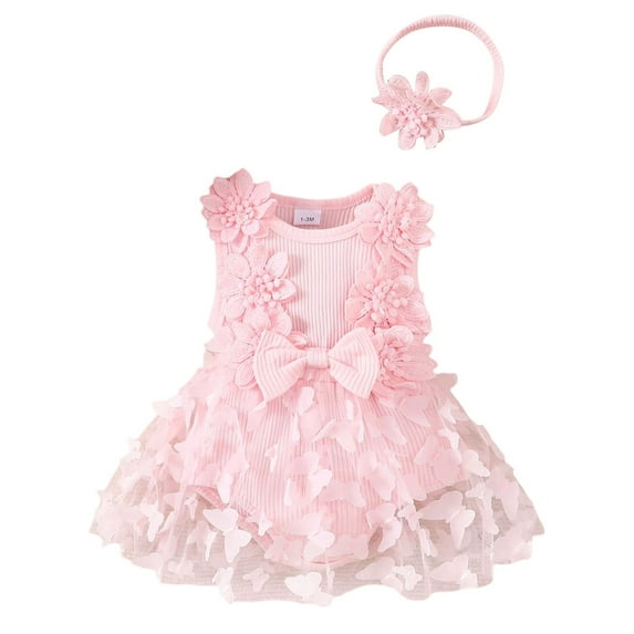 TBWNWG First Birthday Outfit Girl,Baby Girls' Ribbed Bowknot Romper & Headband Set,Size 6-9 Months