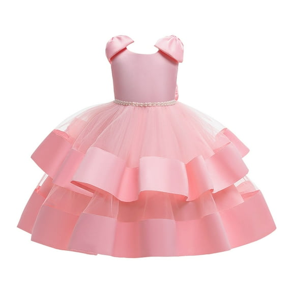 TBWNWG Girls Birthday Party Dress with Beaded Bow and Puff Sleeves Elegant Cake Tutu Gown for,Size 6-7 Years