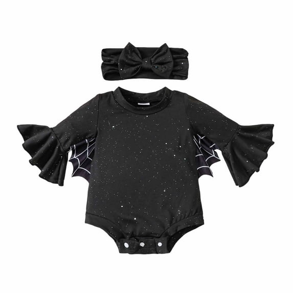 TBWNWG Girls Bodysuits Halloween Bat Long Sleeve Romper with Headband Soft Stretchy Outfit for and Toddlers 1 to 18 Months,Sizes 12-18 Months