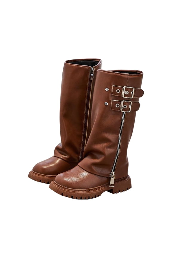 Girls Boots Mid Calf Sole Platform Side Zipper Leather Punk Booties for Youth Fashion Footwear,Size 5-5.5 Years