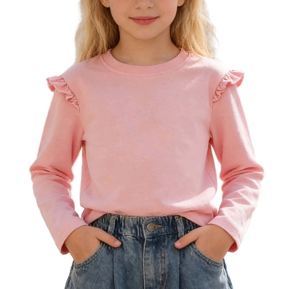 TBWNWG Girls Casual Long Sleeve Blouse with Ruffle Detail Round Neck Top for Spring and Autumn Seasons,Size 8-9 Years