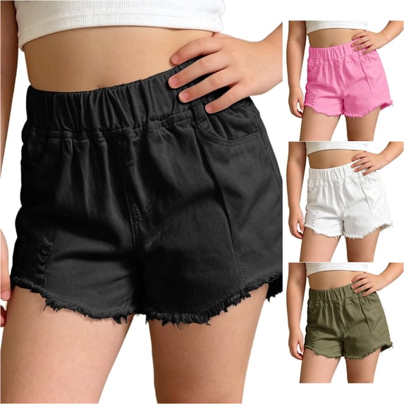 TBWNWG Girls Casual Summer Shorts With Distressed Details Loose Fit Pure Color Elastic Waist Comfortable Playwear,Sizes 5-6 Years
