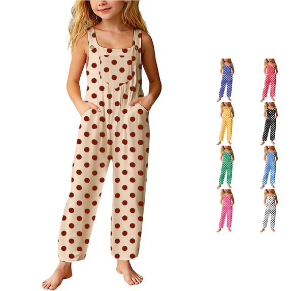 TBWNWG Girls Casual Wide Leg Romper Polka Print Front Pockets Kids Stylish Loose Fit Piece Jumpsuit for Children Daily Wear