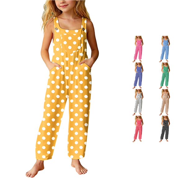 TBWNWG Girls Casual Wide Leg Romper Polka Print Front Pockets Kids Stylish Loose Fit Piece Jumpsuit for Children Daily Wear