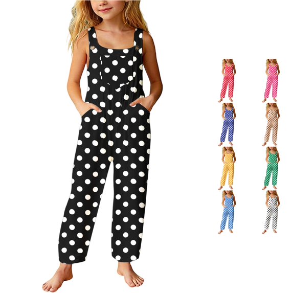 TBWNWG Girls Casual Wide Leg Romper Polka Print Front Pockets Kids Stylish Loose Fit Piece Jumpsuit for Children Daily Wear