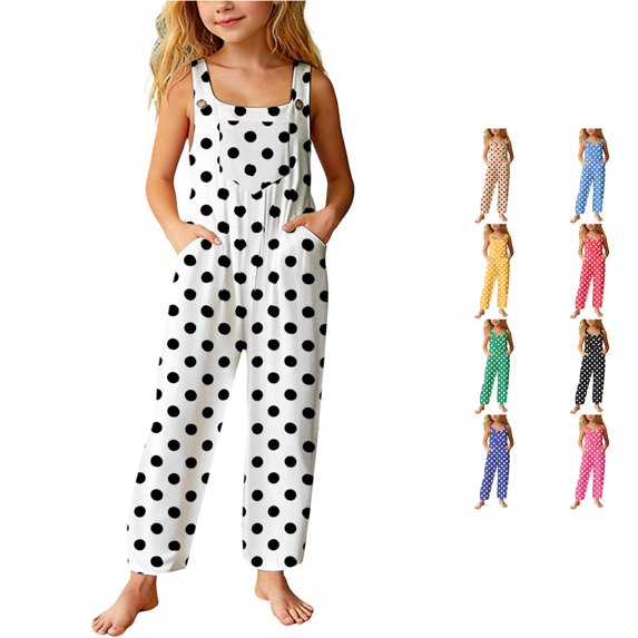 TBWNWG Girls Casual Wide Leg Romper Polka Print Front Pockets Kids Stylish Loose Fit Piece Jumpsuit for Children Daily Wear