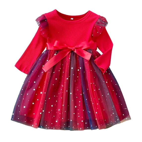 TBWNWG Girls Dresses Gradient Star Mesh Dress for Holiday Party Wear with Long Sleeve Winter formal Outfit for Girls,2-3 Years