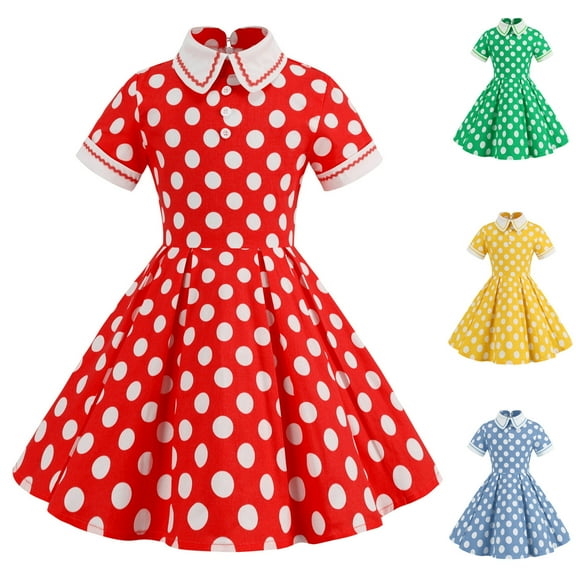 TBWNWG Girls Dresses Kids Polka Dot Short Sleeve Turn Down Collar Swing Party Dress for Fashion,Size 11-12 Years