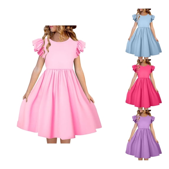 TBWNWG Girls Dresses Lightweight Summer Crew Neck Ruffle Sleeve Dress for Kids Flutter Sleeve Casual Party Outfit for Girls