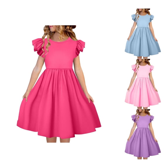 TBWNWG Girls Dresses Lightweight Summer Crew Neck Ruffle Sleeve Dress for Kids Flutter Sleeve Casual Party Outfit for Girls