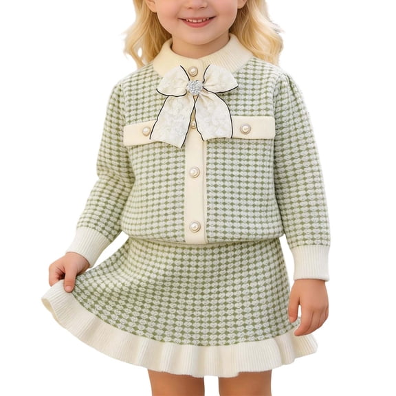 TBWNWG Girls' Dresses Toddler Long Sleeve Bow Cardigan with Ruffles Checked Skirt 2-Piece Set Children's Autumn Winter Casual Dress for Girls,Size 6-7 Years