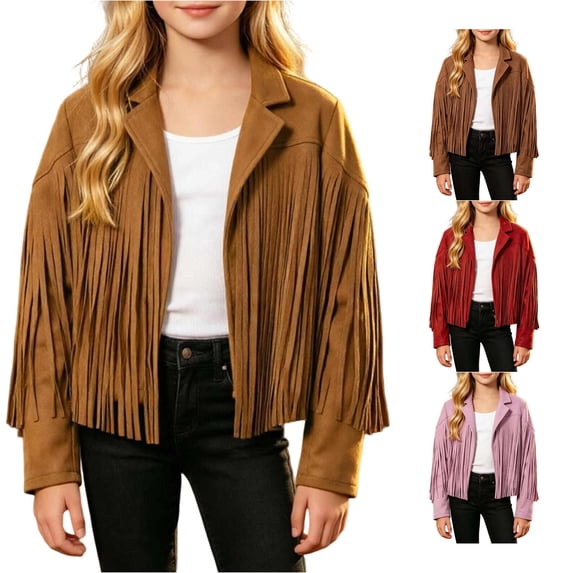 TBWNWG Girls Fringe Jackets for Kids Western Tassels Cropped Cardigan with Suede for Everyday Play and Schoolwear