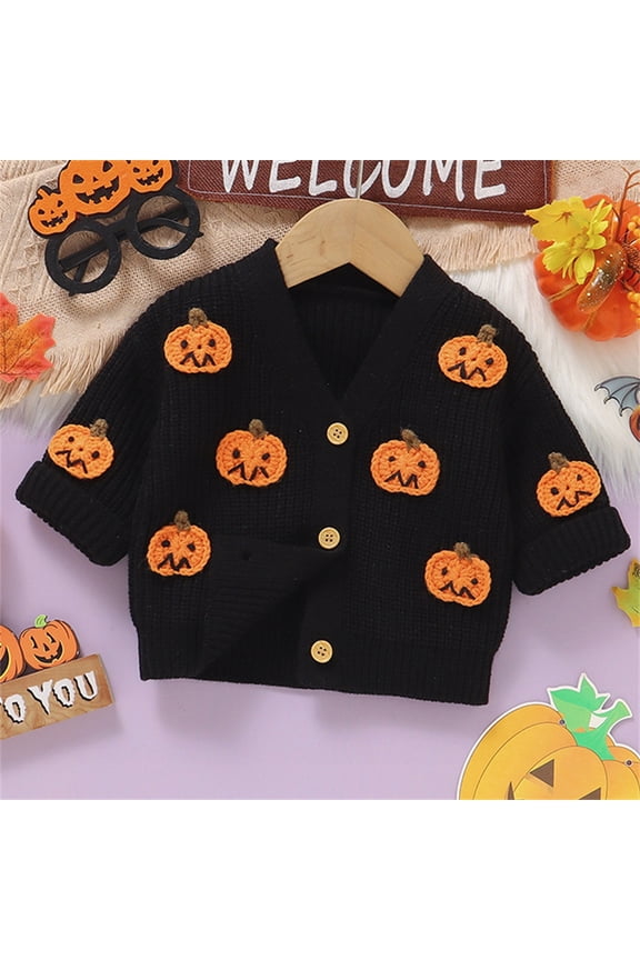 Girls Halloween Knitted Cardigan Jacket With 3D Pumpkin Design Long Sleeve Front Open Coat for Autumn Winter Season,Size 6-9 Months