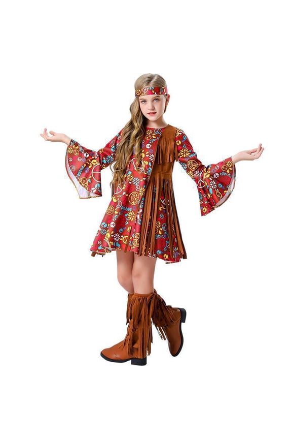 Girls Hippie Set Disco Party Dress Peace Loving Outfit Halloween Ensemble Boho Flower Child Style,Size 7-8 Years