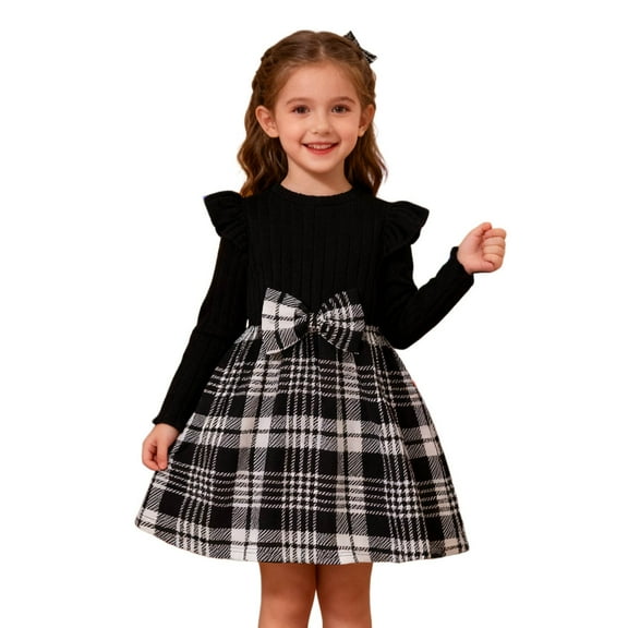 TBWNWG Girls Long Sleeve Bow Tie Plaid Print Party Casual Dress for Festive Occasions and Special Events for Girls,Size 2-3 Years