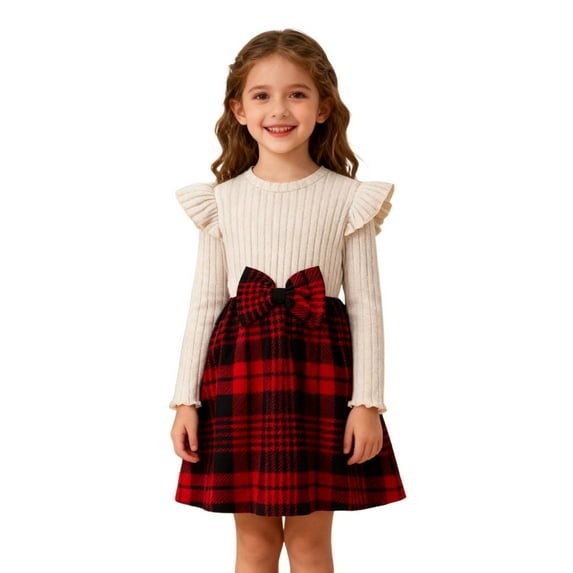 TBWNWG Girls Long Sleeve Bow Tie Plaid Print Party Casual Dress for Festive Occasions and Special Events for Girls,Size 4-5 Years