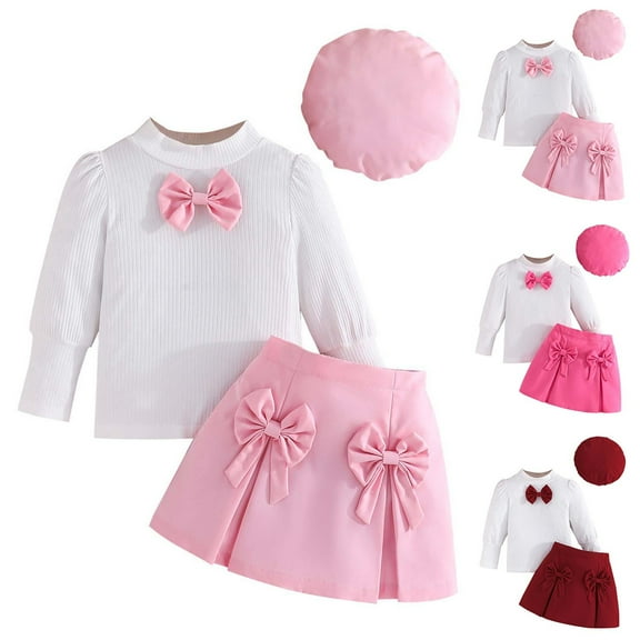 TBWNWG Girls Outfits Set Toddler Kids Ribbed Top Skirt Hat 3 Piece Casual Winter Ensemble for School Fall Activities,Sizes 7-8 Years