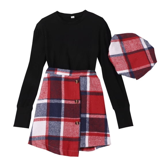 TBWNWG Girls Outfits & Sets Kids Girls Winter Long Sleeve Red Plaid Ribbed Tops Skirt Hat 3PCS Clothes Set for Stylish and Comfortable Dressing,Sizes 11-12 Years