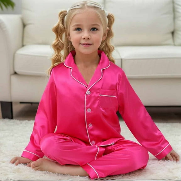 TBWNWG Girls Pajamas Silk Pajama Set Satin Pjs for Kids Comfortable Nights Sleepwear,Size 7-8 Years