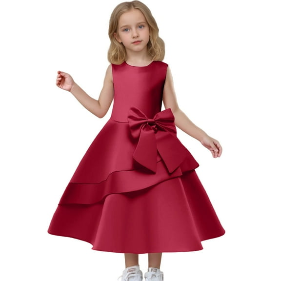 TBWNWG Girls Party Dress Baby Girls' Bow Princess Dress Mid Length Casual & Party Gown,Size 6-7 Years