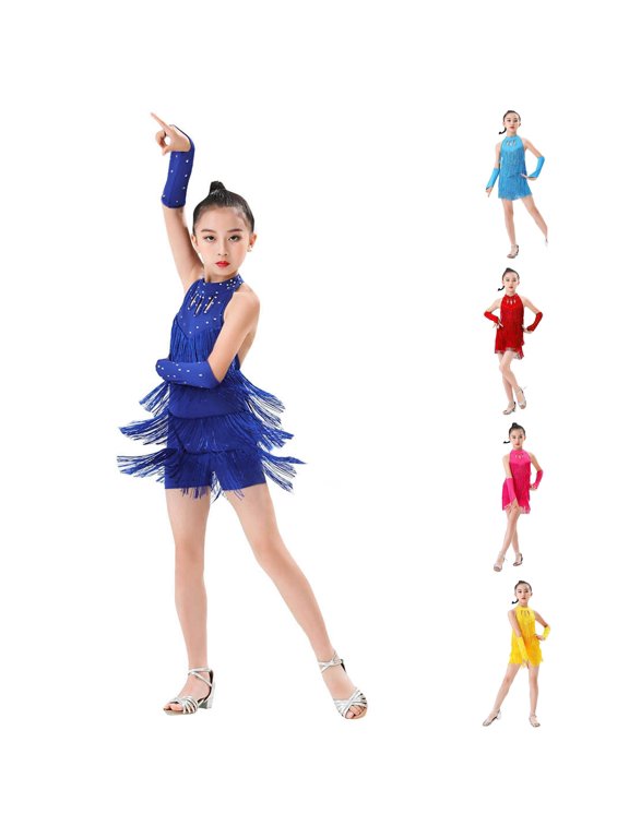 Girls Performance Latin Dance Jumpsuit Training Fringe Skirt Competition Romper,Size 4-5 Years