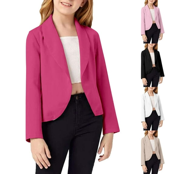 TBWNWG Girls Shawl Collar Blazer Set,Girls formal Jacket Solid Color Lapel Suit Open Front Long Sleeve Top(Sizes 6-7 Years)