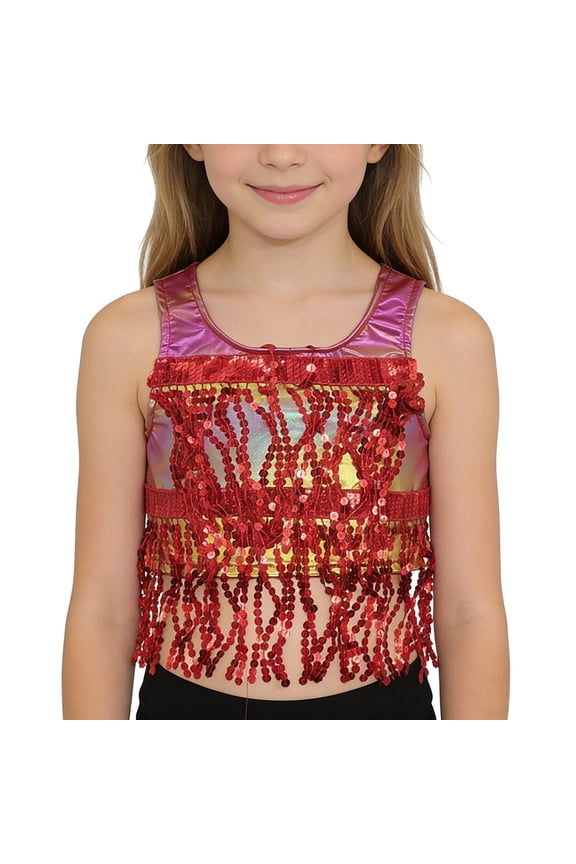 Girls Sparkly Fringe Vest Shiny Metallic Dancewear Performance For Kids Party Outfit,Size 11-14 Years