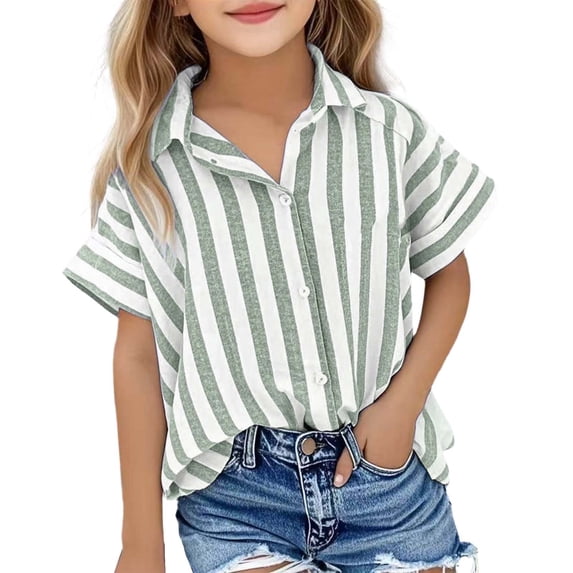 TBWNWG Girls Striped Knit Top Casual Loose Fit Lapel Open Front Short Sleeve Blouse Summer Fashion Tee,Sizes 7-8 Years