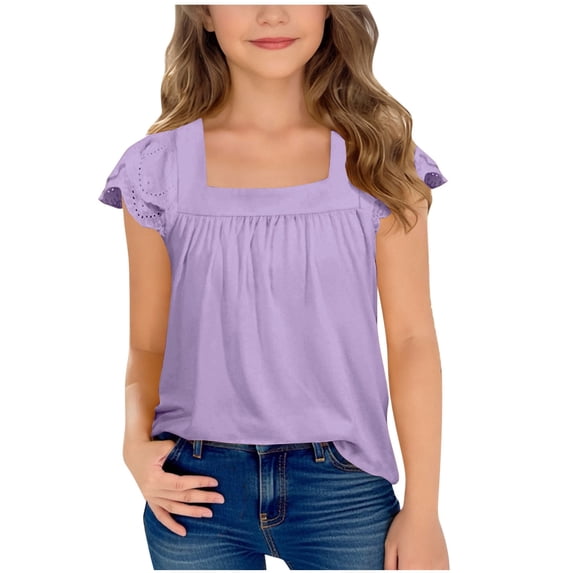 TBWNWG Girls Summer Casual Short Sleeve Top Featuring Delicate Hollow Out Lace And Elegant Flutter Sleeve Design Comfortable Round Neck Tee for Big Kids,Sizes 11-12 Years