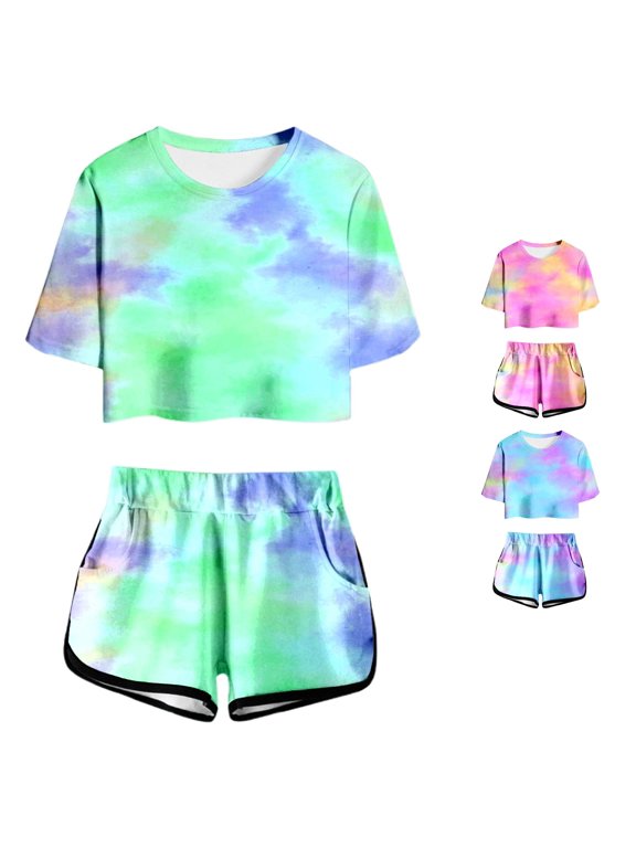 Girls Summer Print Short Sleeve Top And Shorts Set Cute Round Neck Pocket Casual Outfit For Juniors Lightweight Comfortable