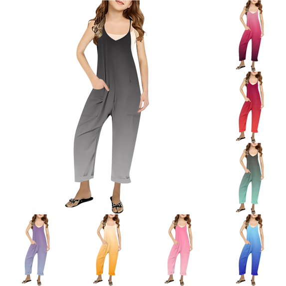 TBWNWG Girls Summer Print V Neck Sleeveless Romper Loose Fit Casual Jumpsuit With Pockets for And Juniors Lightweight Comfortable,Size 4-5 Years