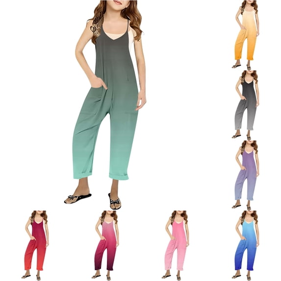 TBWNWG Girls Summer Print V Neck Sleeveless Romper Loose Fit Casual Jumpsuit With Pockets for And Juniors Lightweight Comfortable,Size 7-8 Years