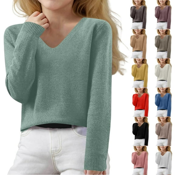 TBWNWG Girls Sweaters for Kids V Neck Knit Pullover Long Sleeve Apparel for Autumn and Winter Casual Outfits,Size 6-7 Years