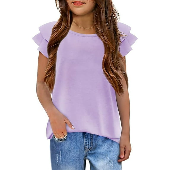 TBWNWG Girls Tops Casual Summer T Shirts Short Sleeve Crew Neck Wavy Sleeve Stylish Plains for Everyday Wear,Sizes 11-12 Years