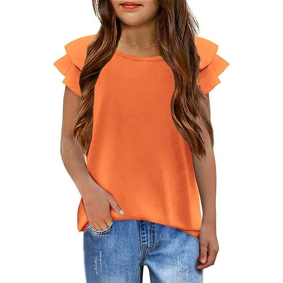 TBWNWG Girls Tops Casual Summer T Shirts Short Sleeve Crew Neck Wavy Sleeve Stylish Plains for Everyday Wear,for 5-6 Years