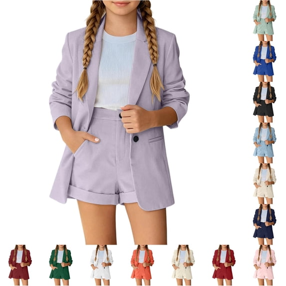 TBWNWG Girls Two Piece Button Down Long Sleeve Short formal Outfit for Everyday Casual School Spring Summer Girls Age 3 to 14